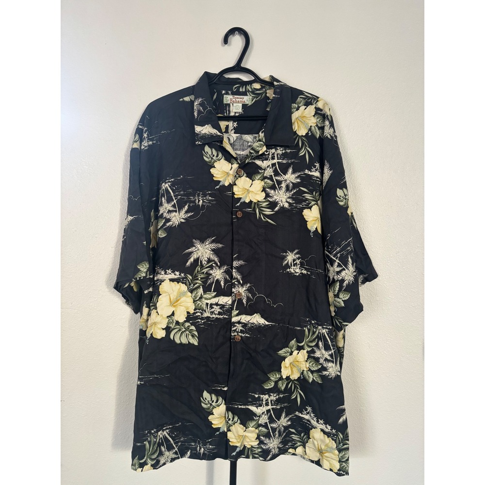 Tommy Bahama Mens XXL Black Silk Tropical Hibiscus Palm Tree Camp Shirt XXL